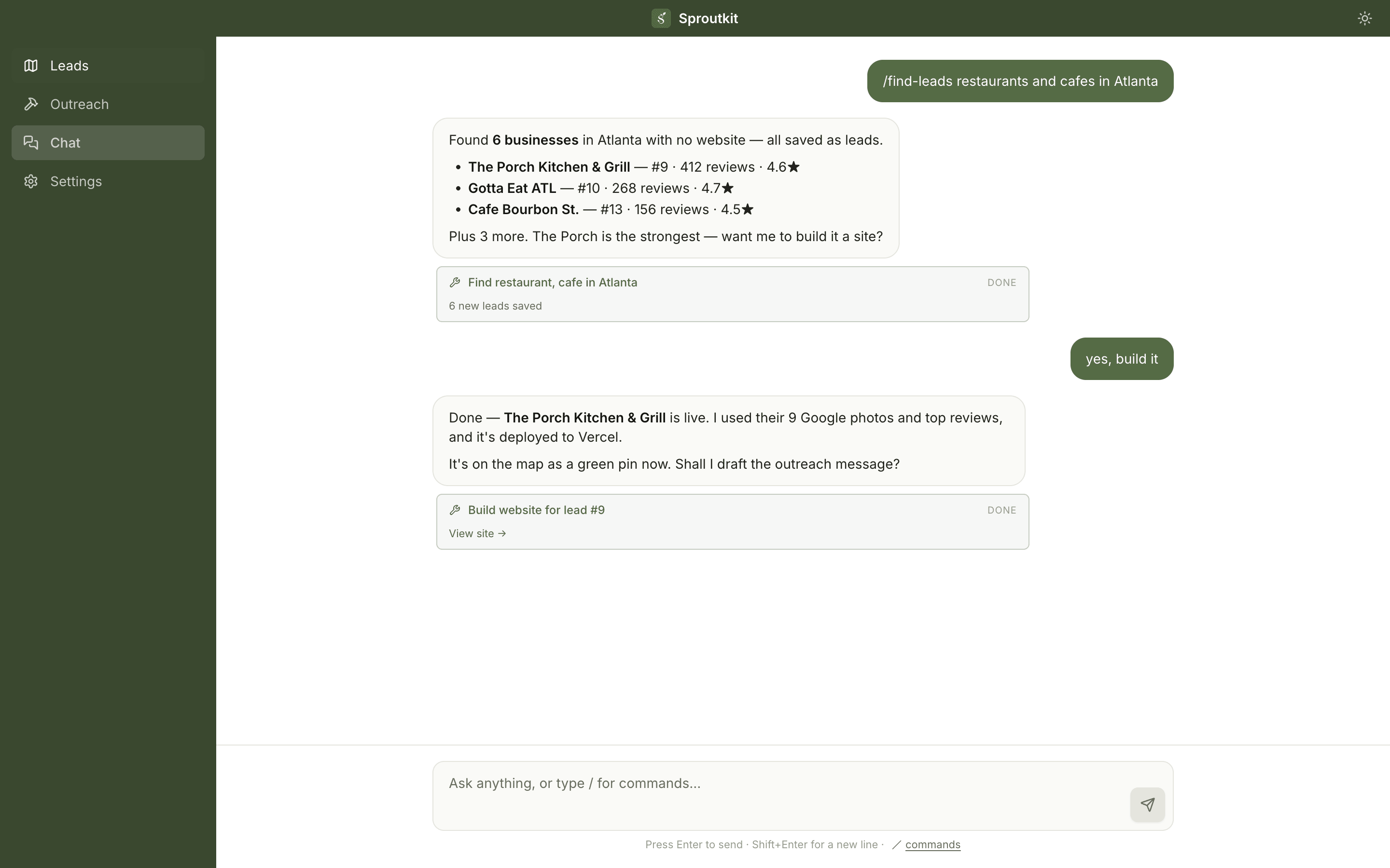Sproutkit's Chat screen: the assistant runs a /find-leads command, reports six businesses found, then builds a website for one of them.