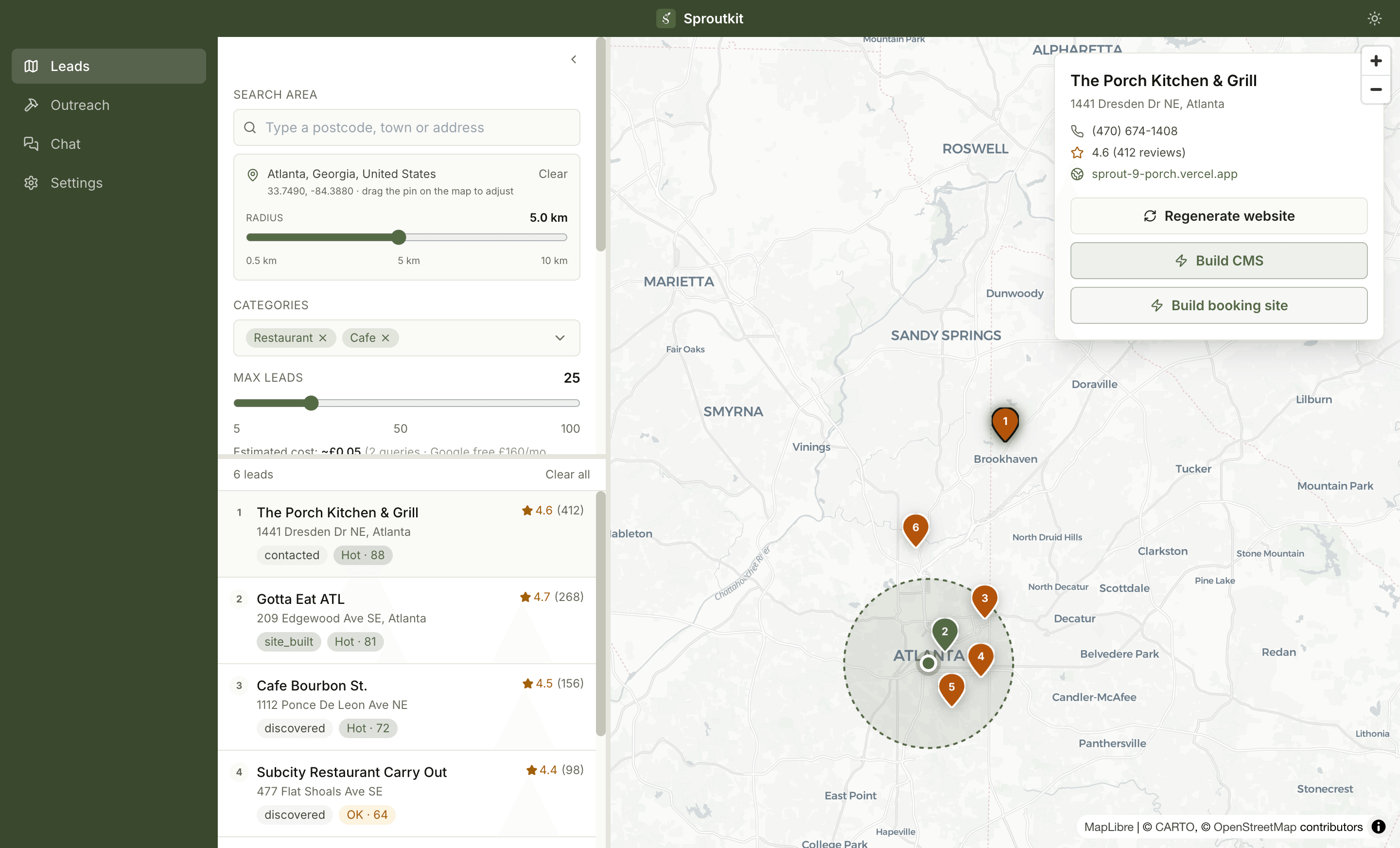 Sproutkit's Leads screen: a map of Atlanta with numbered pins for six local businesses, a search panel on the left, and a detail card for The Porch Kitchen & Grill.