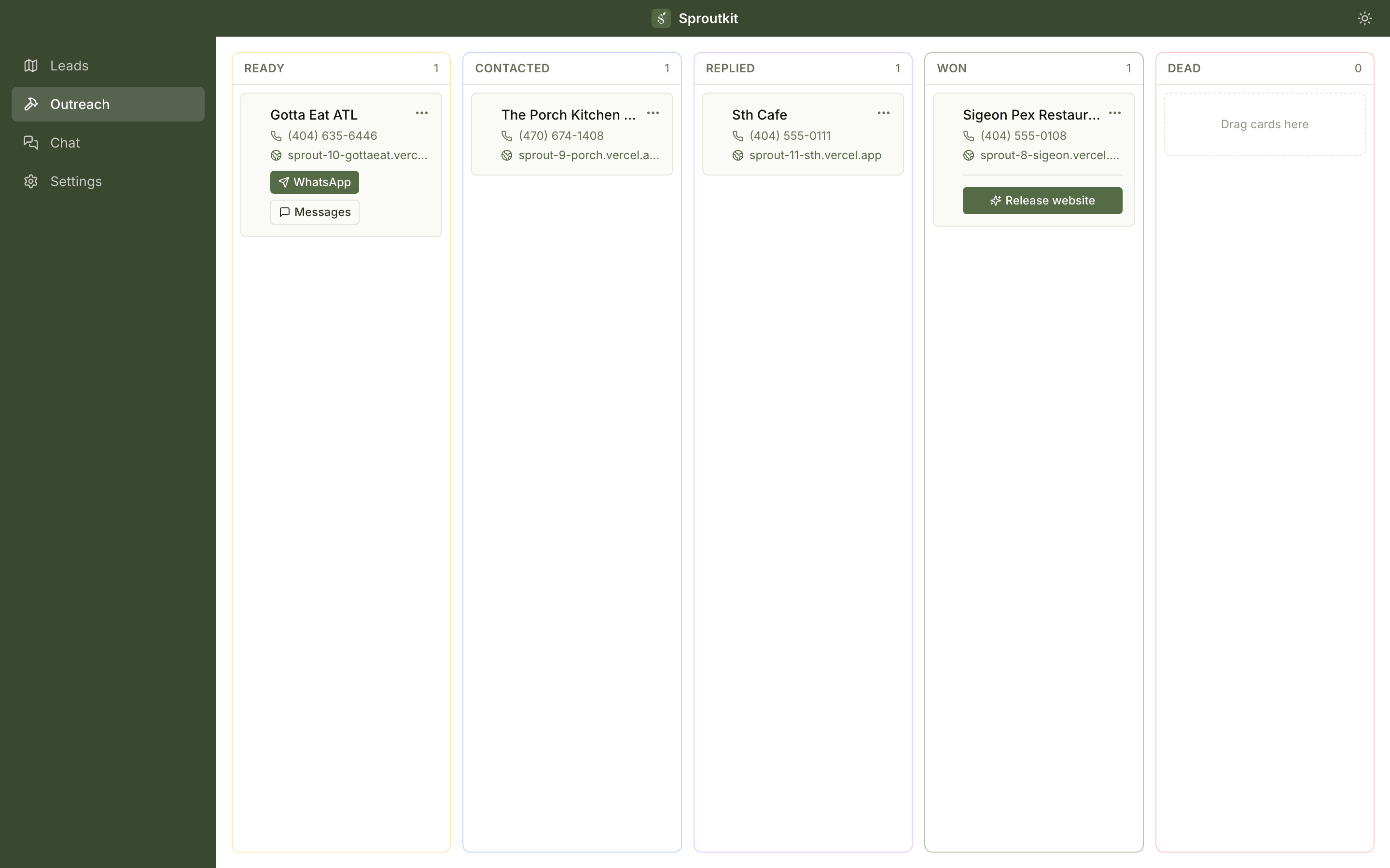 Sproutkit's Outreach screen: a kanban board with Ready, Contacted, Replied, Won and Dead columns holding lead cards.